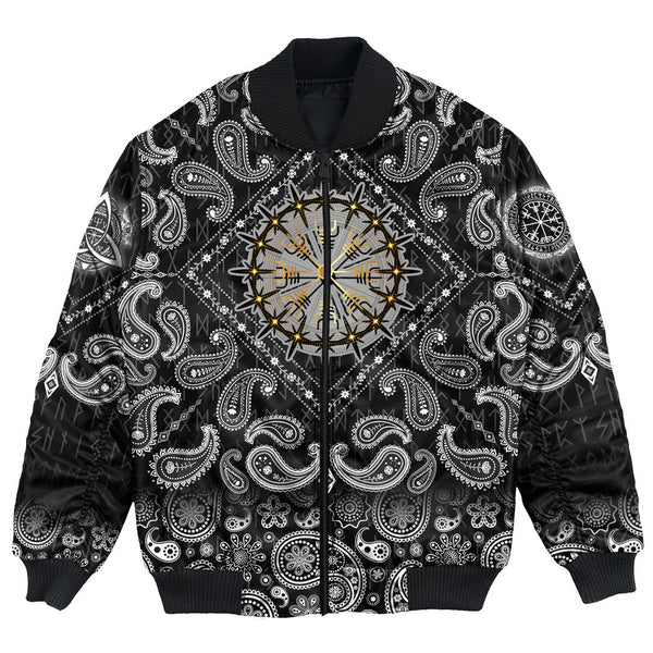 Viking Bomber Jacket Helm Of Awe Icelandic Magical Stave with Bandana Paisley Style