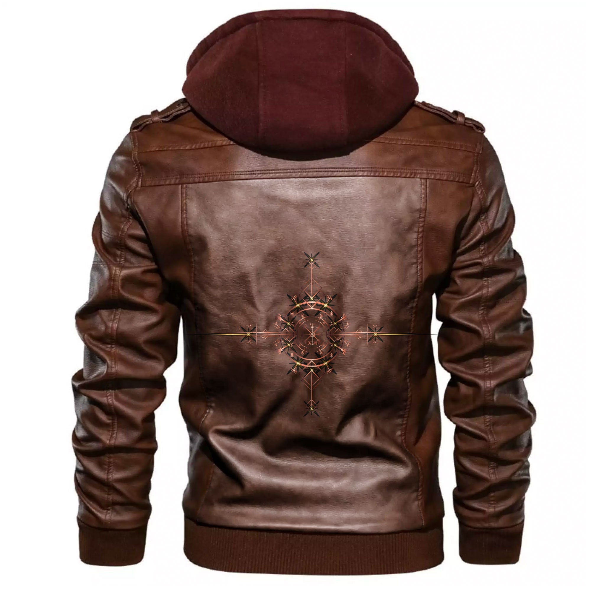 Viking Heraldic Lions With Sword Compass Ancient Leather Jacket