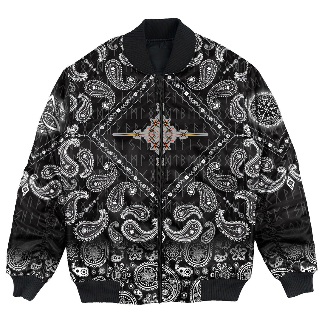 Viking Bomber Jacket Heraldic Lions With Sword Compass Ancient with Bandana Paisley Style