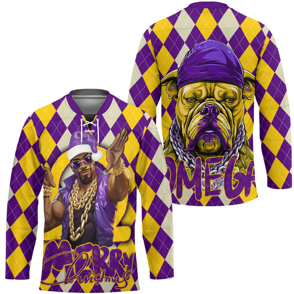 Fraternity Hockey Jersey - OPP Christmas Hockey Jersey Bulldog Purple Gold Caro Pattern Style