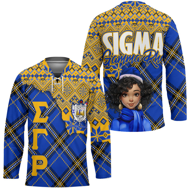 Sorority Hockey Jersey - Christmas Sigma Gamma Rho Girl Hockey Jersey Plaid Background Style