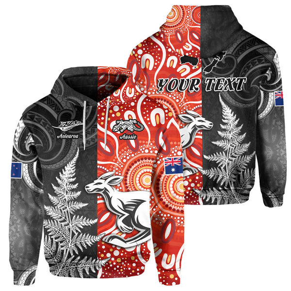 Custom New Zealand Rugby Hoodie Aotearoa Silver Fern & Aussie Kangaroo Maori & Aboriginal - LH1