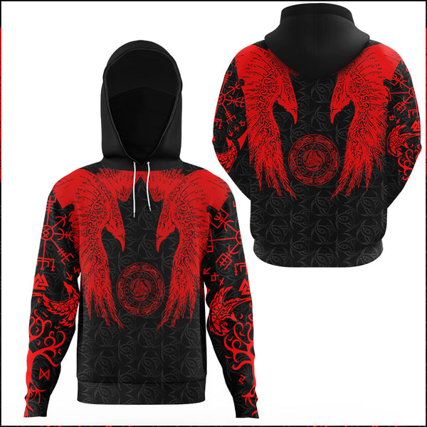 Viking Gaiter Hoodie Red Raven And Horn Of Odin