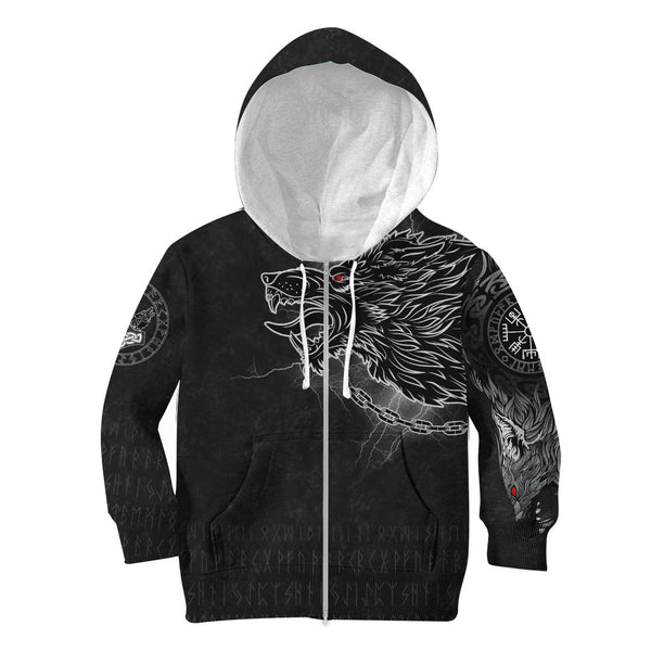 Viking Hoodie Kid Fenrir Norse Wolf Thunderstorm Style