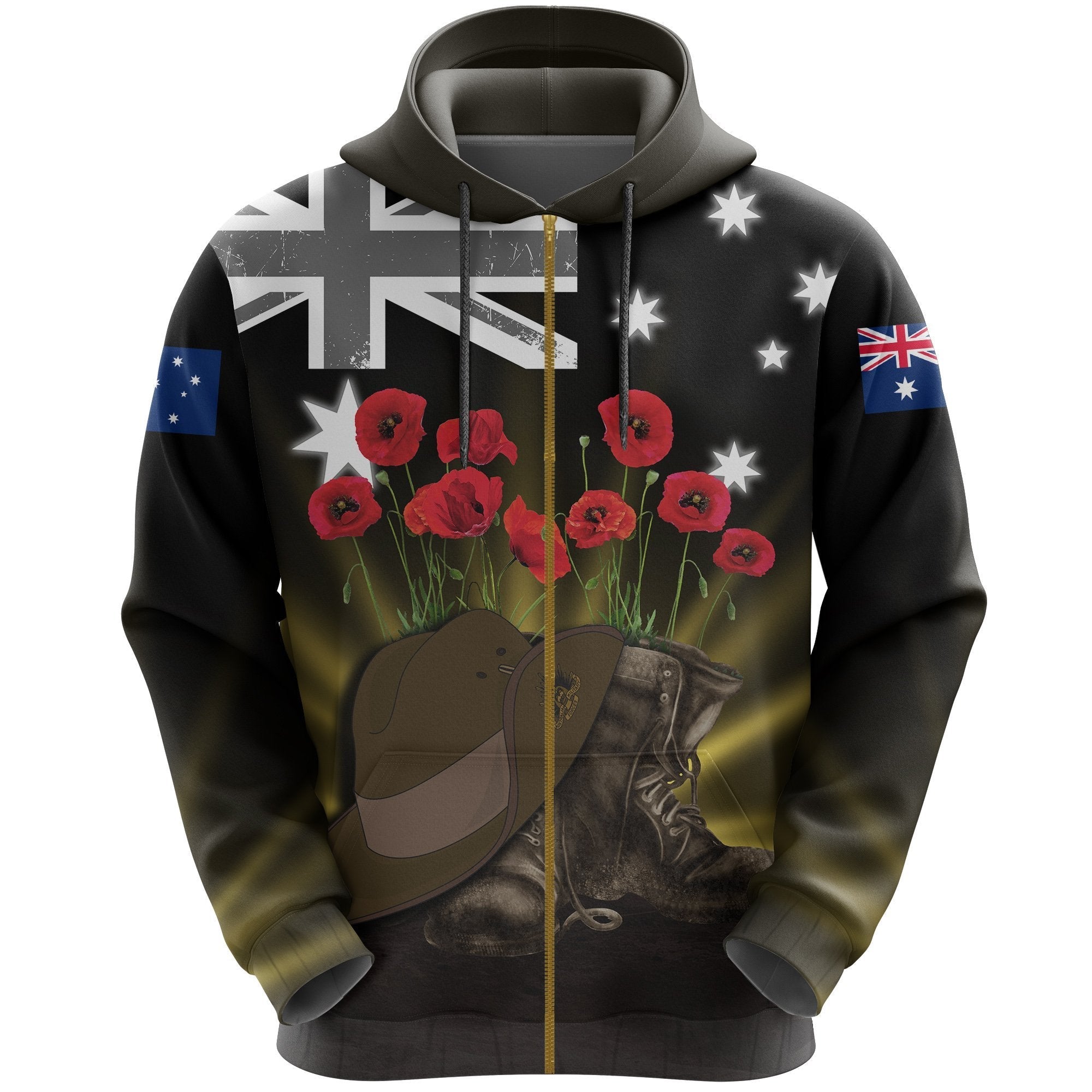 Anzac Day Zip Hoodie - Lest We Forget Hat And Boots Poppies