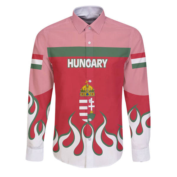 Hungary Long Sleeve Button Shirt Flag & Coat Of Arms Fire Hockey Style