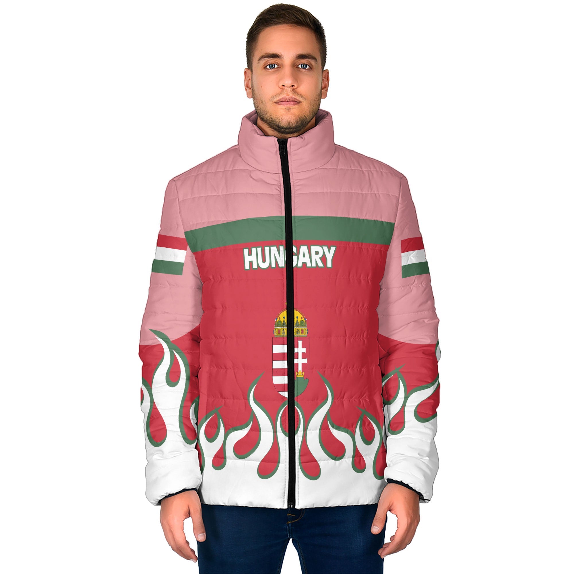 Hungary Men Padded Jacket Flag & Coat Of Arms Fire Hockey Style