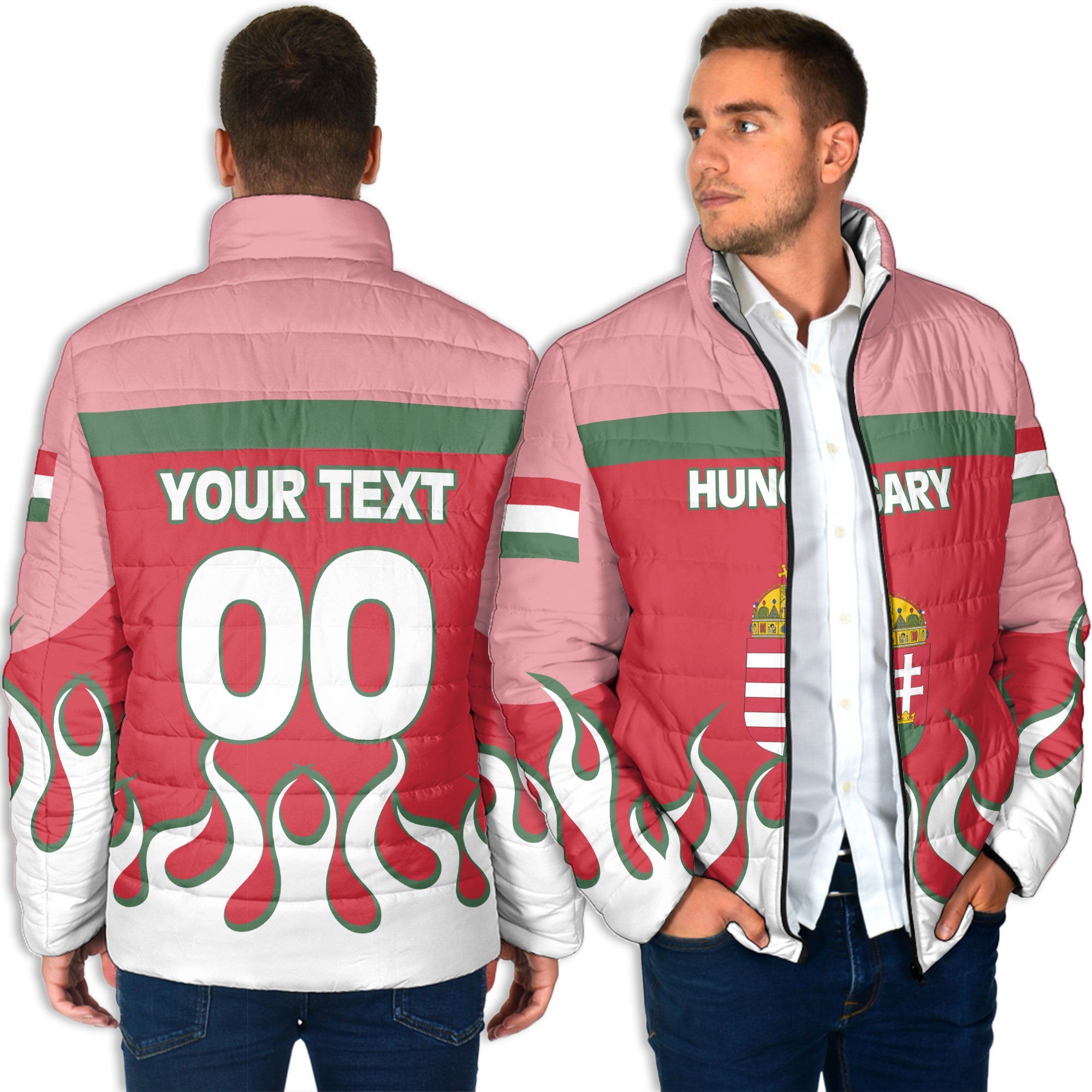 Hungary Men Padded Jacket Flag & Coat Of Arms Fire Hockey Style