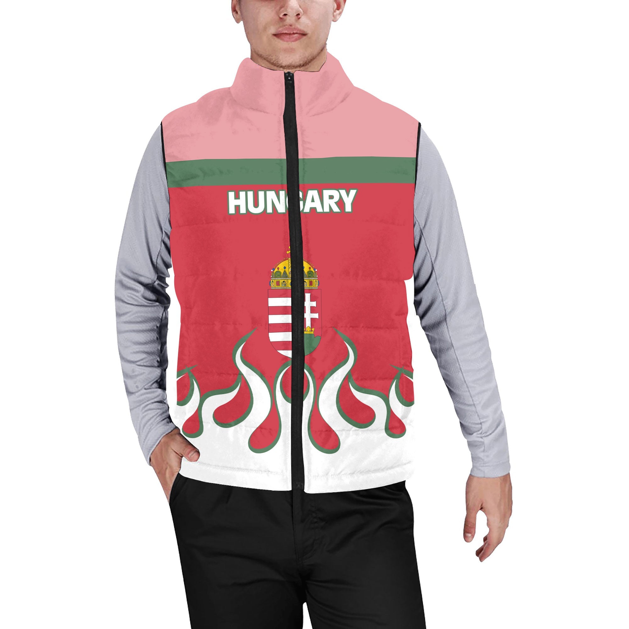 Hungary Men Padded Jacket Vest Flag & Coat Of Arms Fire Hockey Style