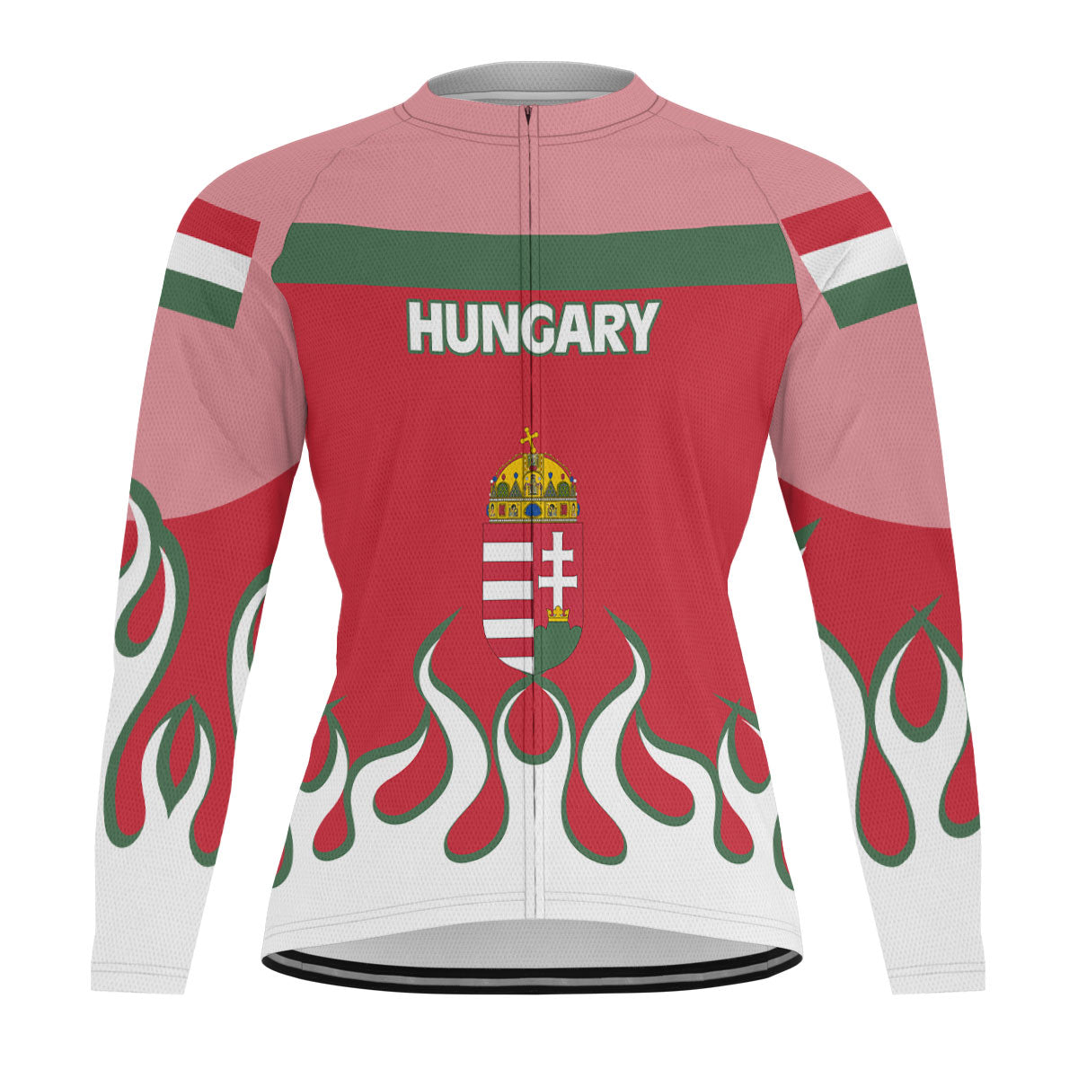 Hungary Men's Cycling Jersey Long Sleeve Flag & Coat Of Arms Fire Hockey Style