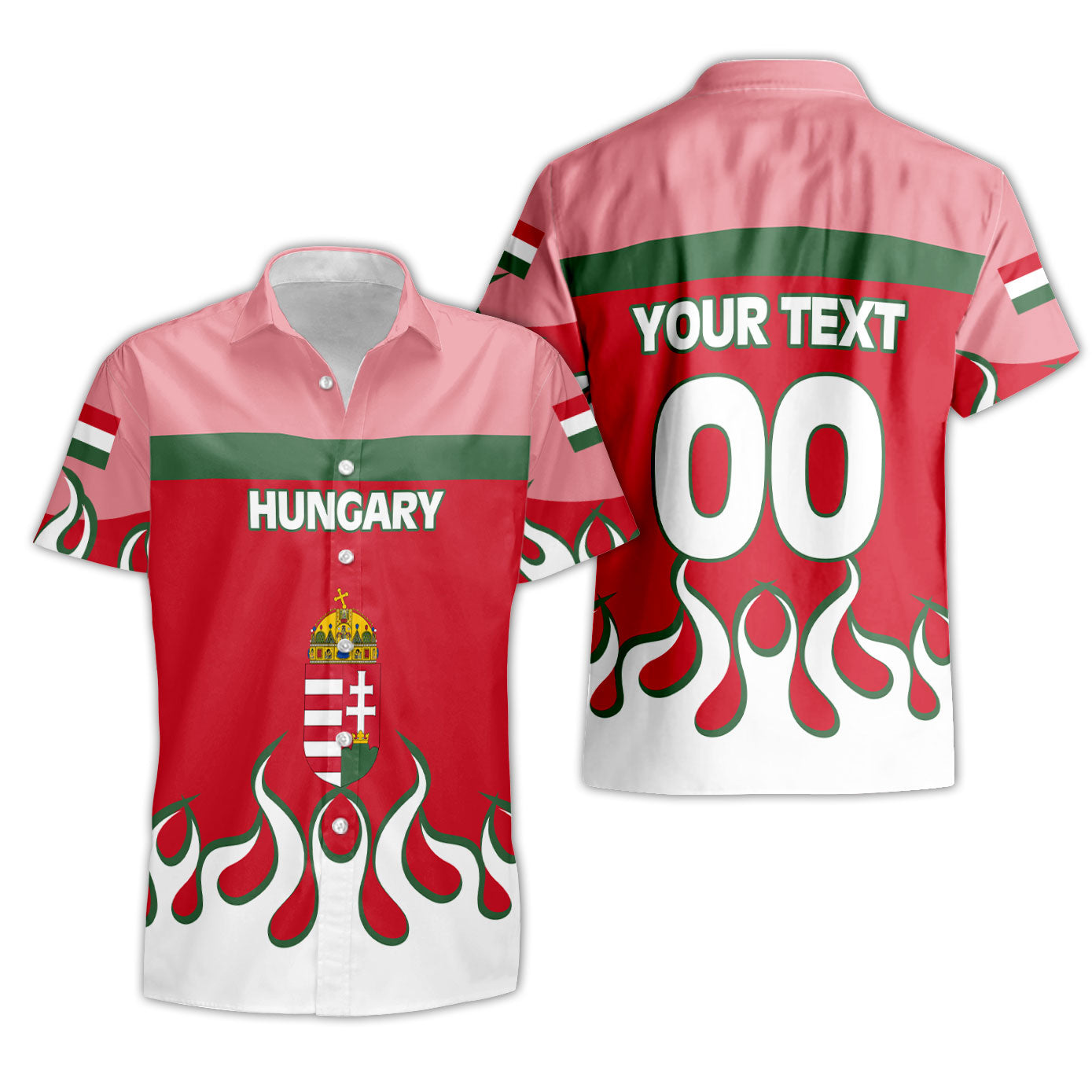 Hungary Short Sleeve Shirt Flag & Coat Of Arms Fire Hockey Style