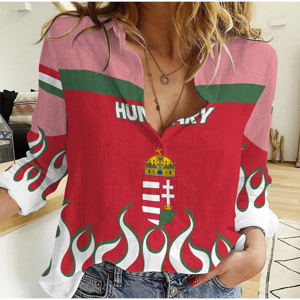 Hungary Women Casual Shirt Flag & Coat Of Arms Fire Hockey Style