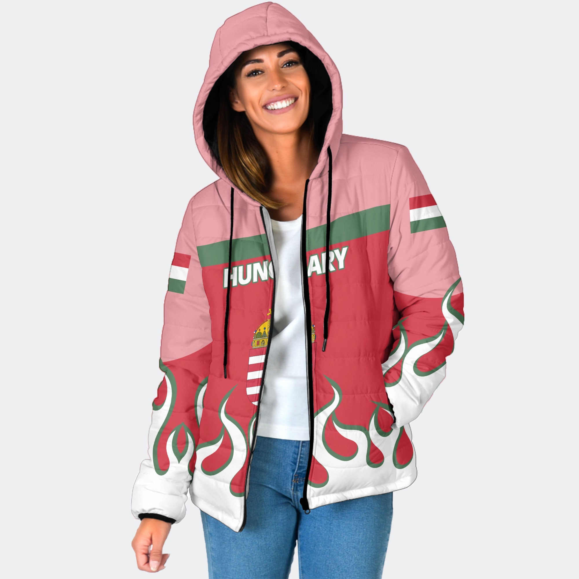 Hungary Women Hooded Padded Jacket Flag & Coat Of Arms Fire Hockey Style