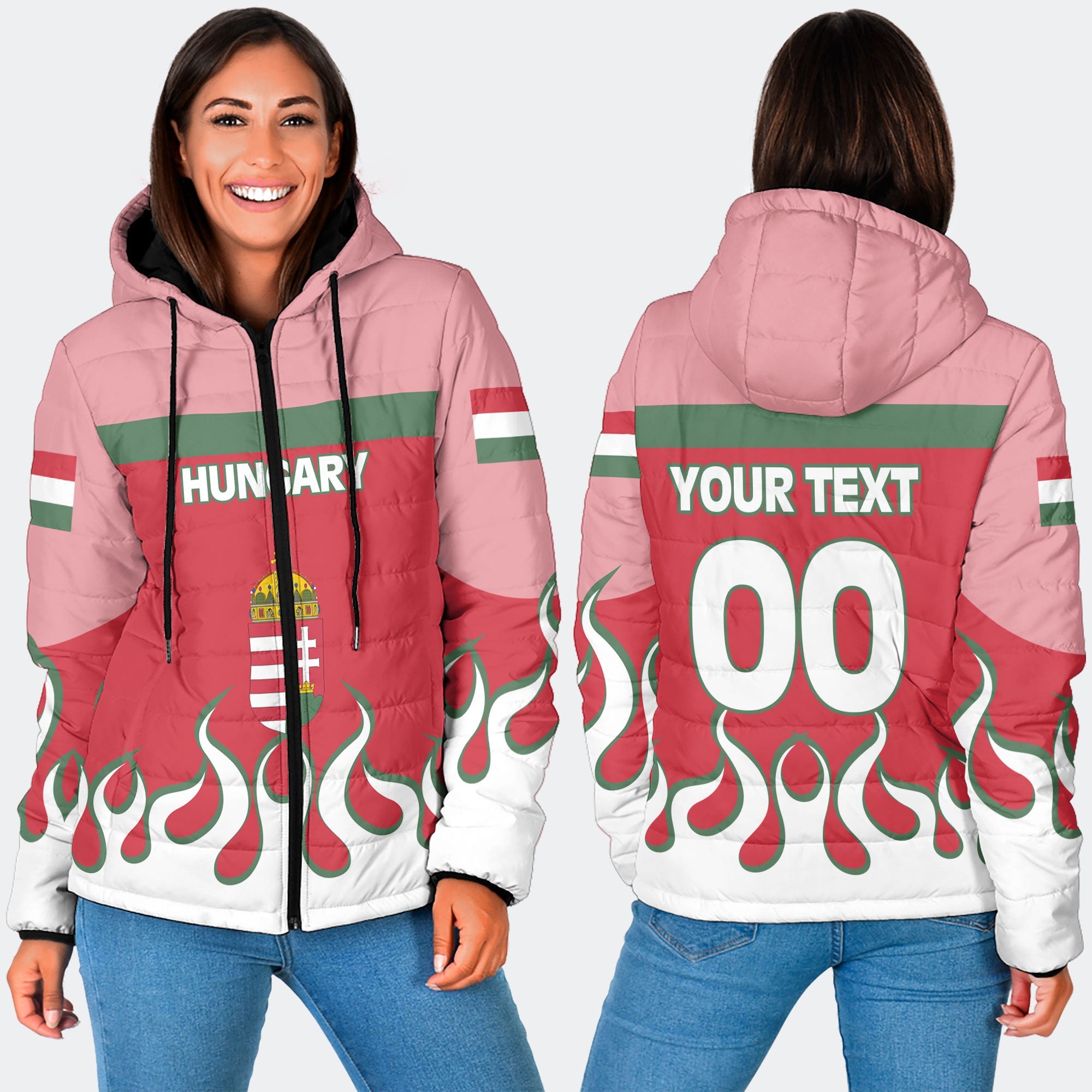 Hungary Women Hooded Padded Jacket Flag & Coat Of Arms Fire Hockey Style