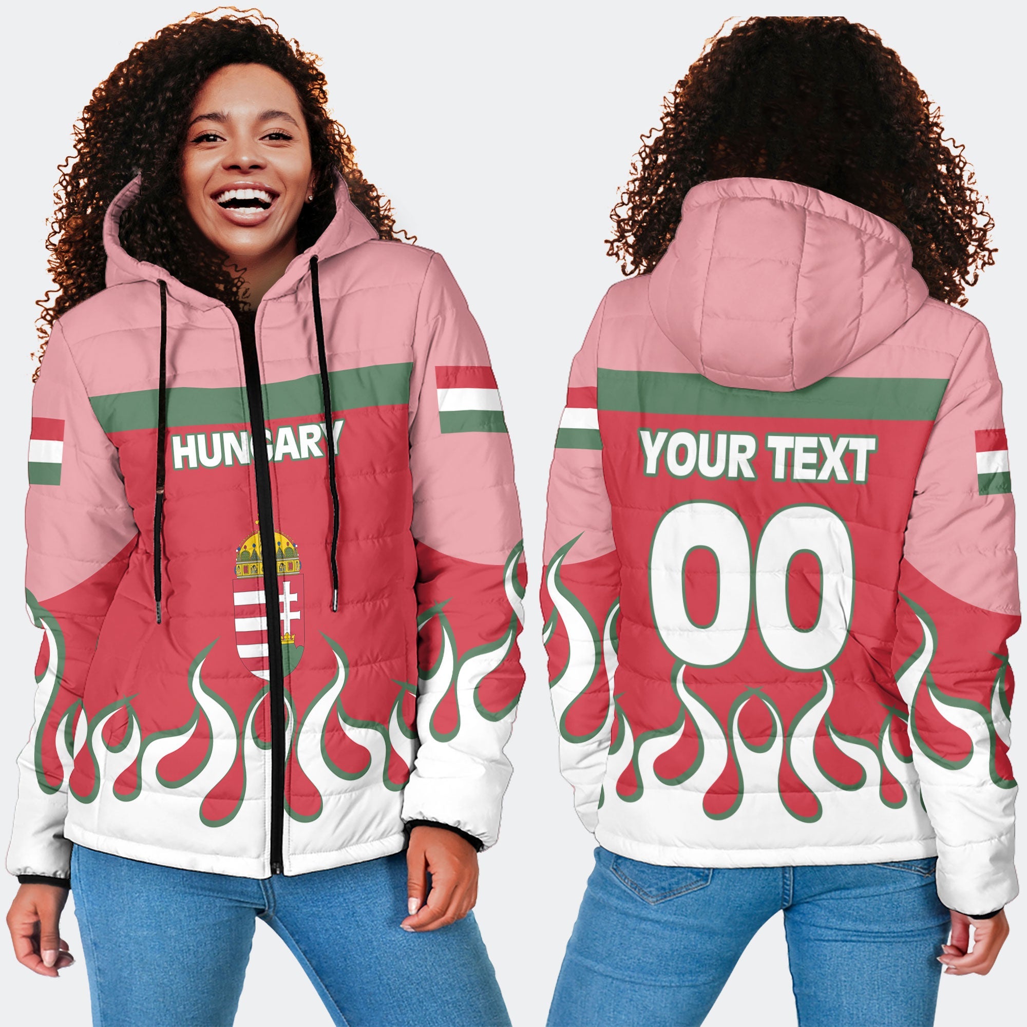 Hungary Women Hooded Padded Jacket Flag & Coat Of Arms Fire Hockey Style