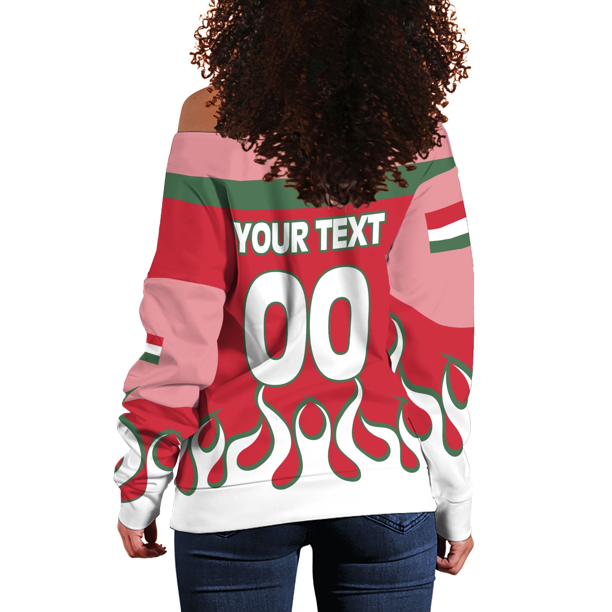 Hungary Women Off Shoulder Sweatshirt Flag & Coat Of Arms Fire Hockey Style