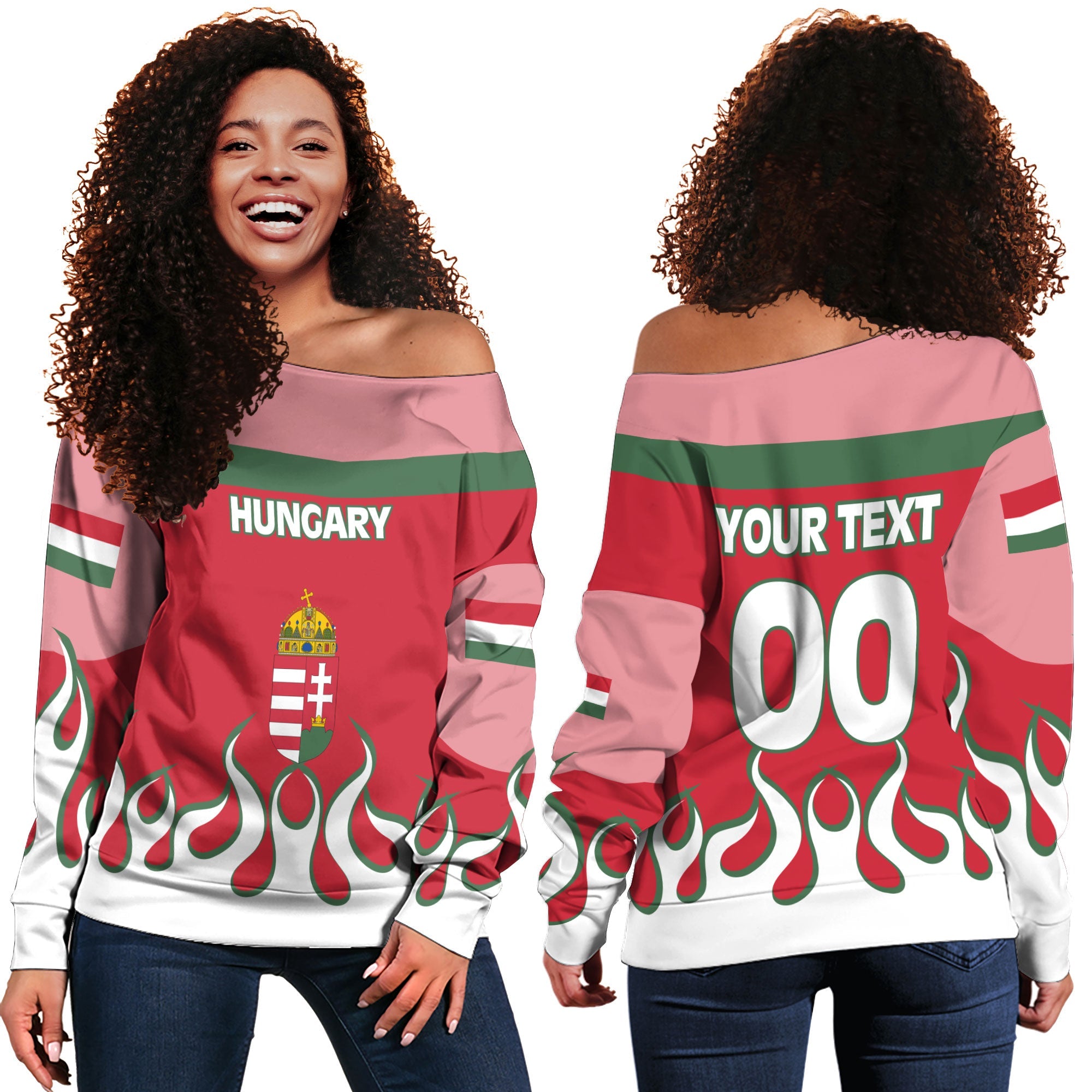 Hungary Women Off Shoulder Sweatshirt Flag & Coat Of Arms Fire Hockey Style