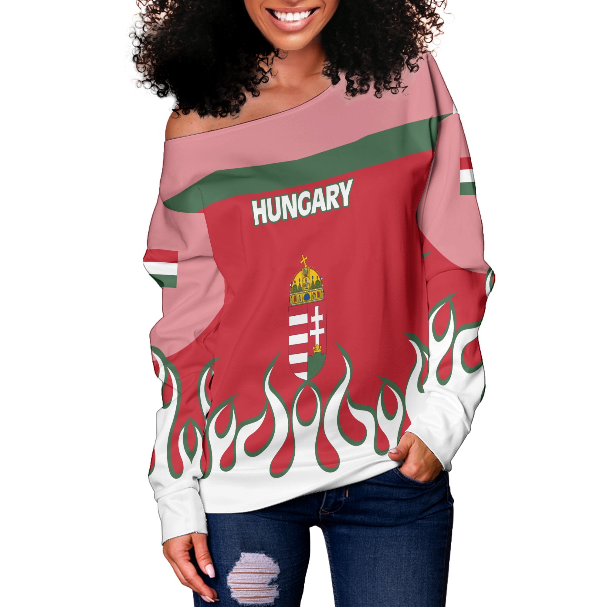 Hungary Women Off Shoulder Sweatshirt Flag & Coat Of Arms Fire Hockey Style