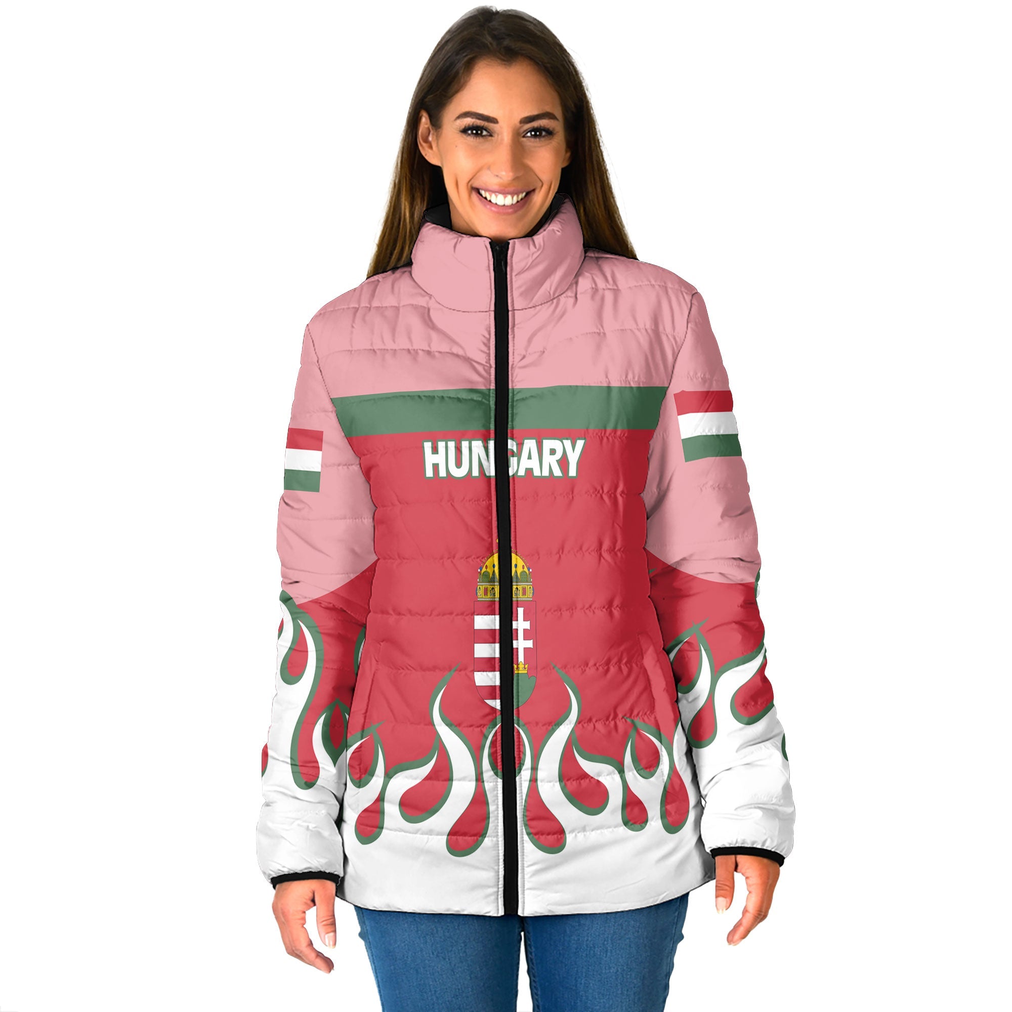 Hungary Women Padded Jacket Flag & Coat Of Arms Fire Hockey Style