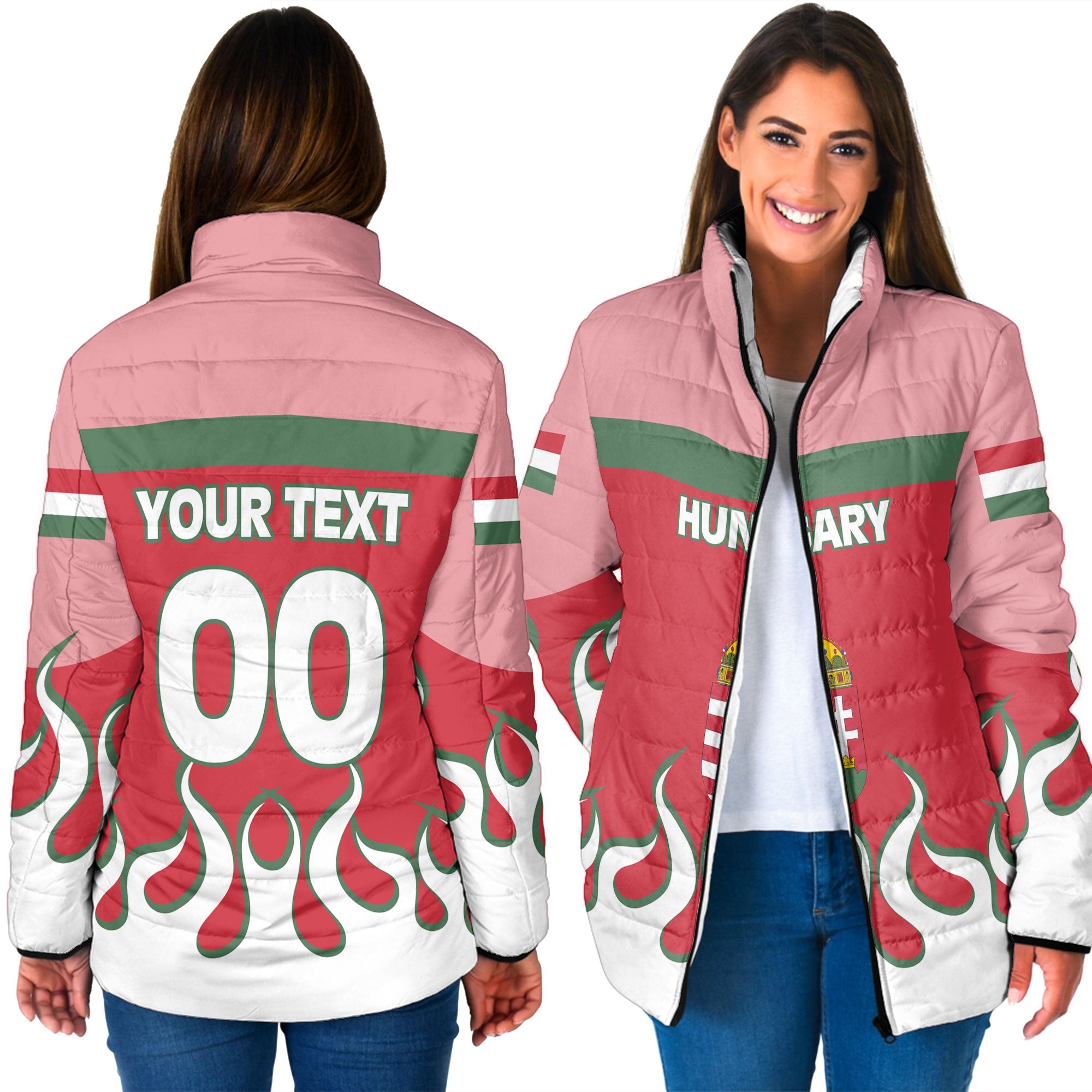 Hungary Women Padded Jacket Flag & Coat Of Arms Fire Hockey Style