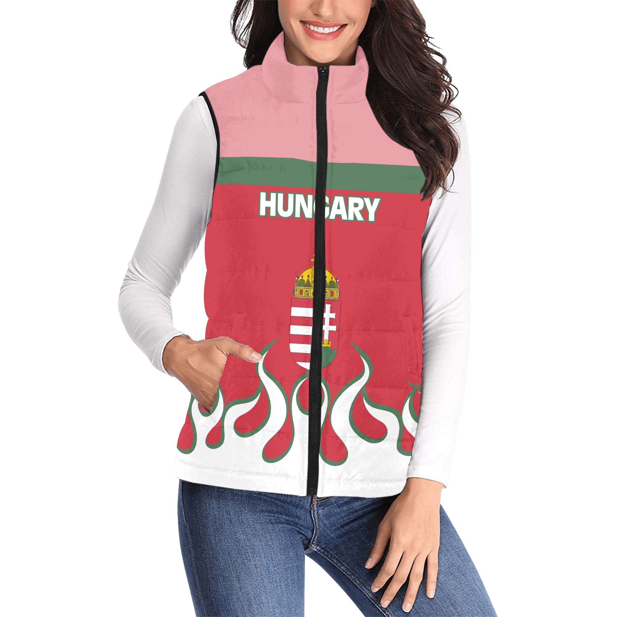 Hungary Women Padded Jacket Vest Flag & Coat Of Arms Fire Hockey Style