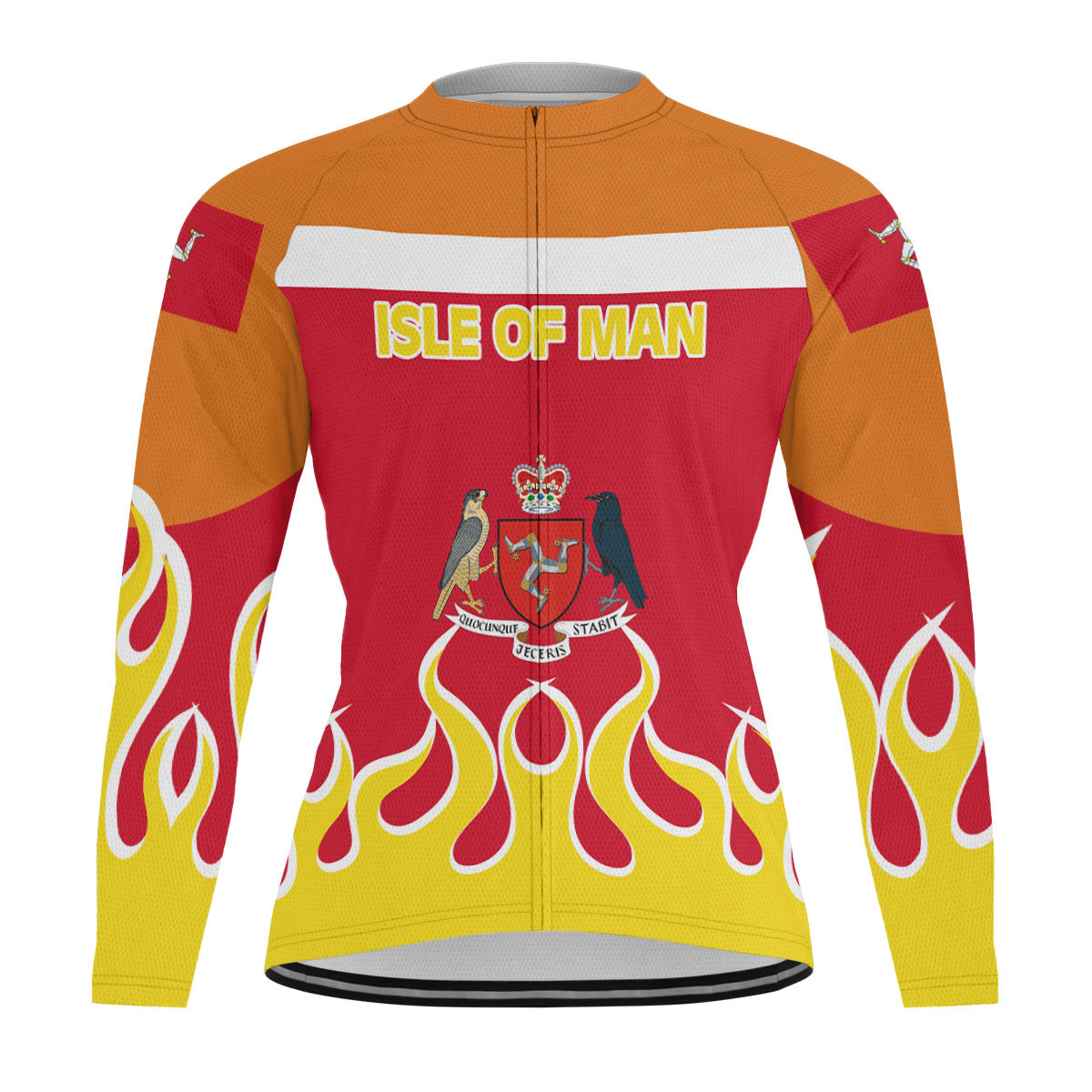 Isle of Man Men's Cycling Jersey Long Sleeve Flag & Coat Of Arms Fire Hockey Style