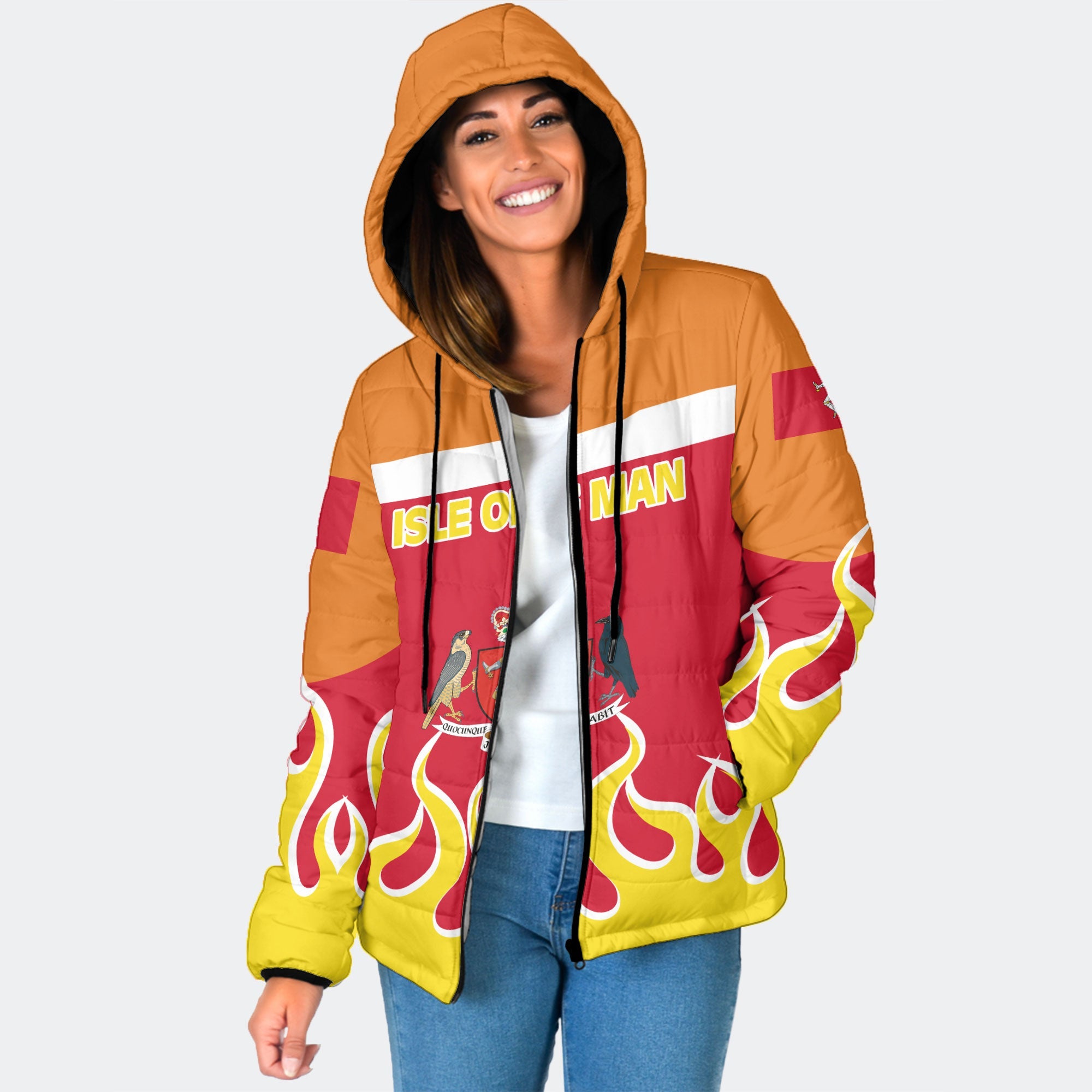 Isle of Man Women Hooded Padded Jacket Flag & Coat Of Arms Fire Hockey Style