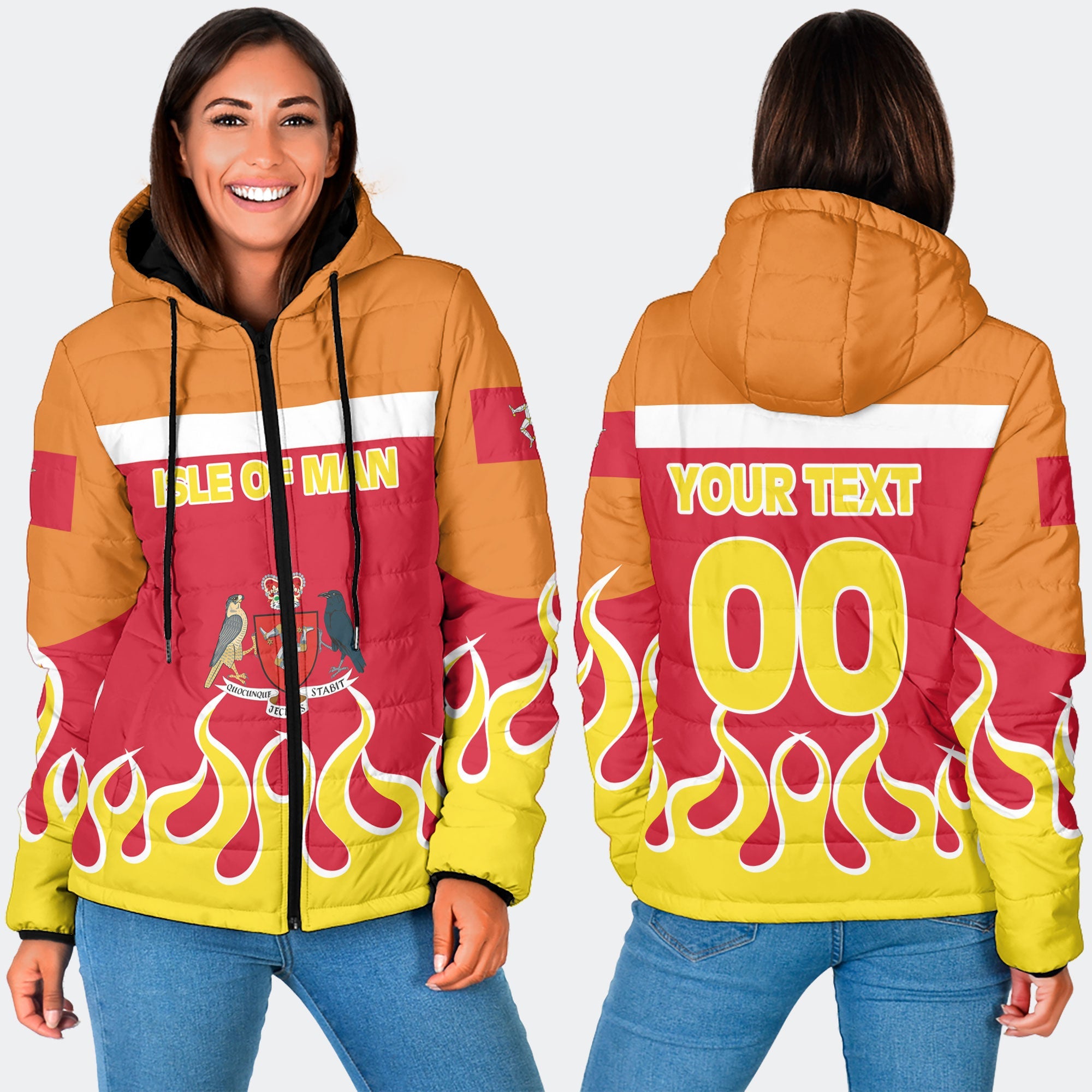 Isle of Man Women Hooded Padded Jacket Flag & Coat Of Arms Fire Hockey Style