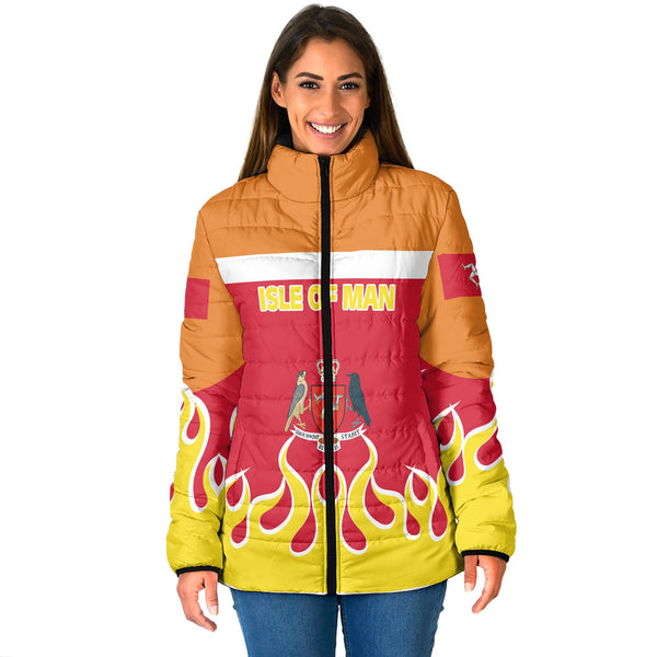 Isle of Man Women Padded Jacket Flag & Coat Of Arms Fire Hockey Style