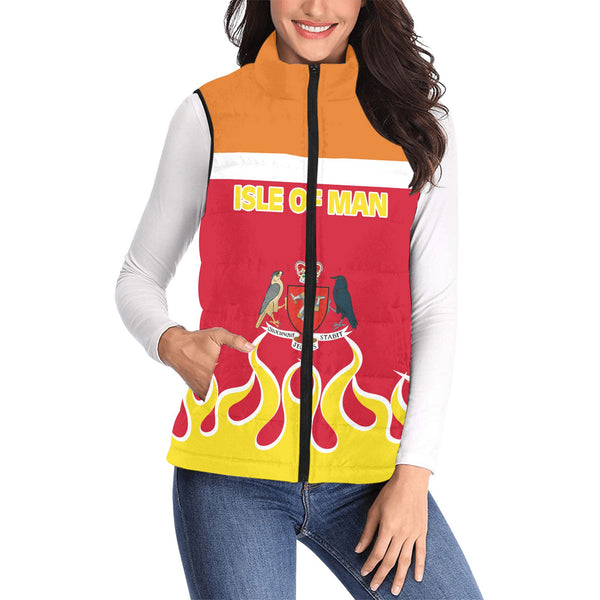 Isle of Man Women Padded Jacket Vest Flag & Coat Of Arms Fire Hockey Style