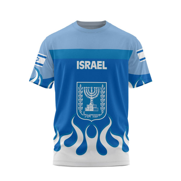 Israel T Shirt Flag & Coat Of Arms Fire Hockey Style