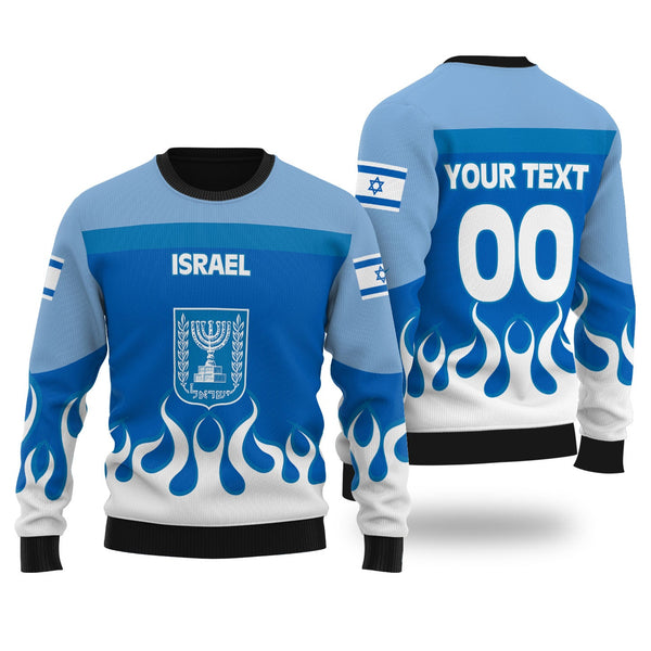 Israel Ugly Sweater Flag & Coat Of Arms Fire Hockey Style