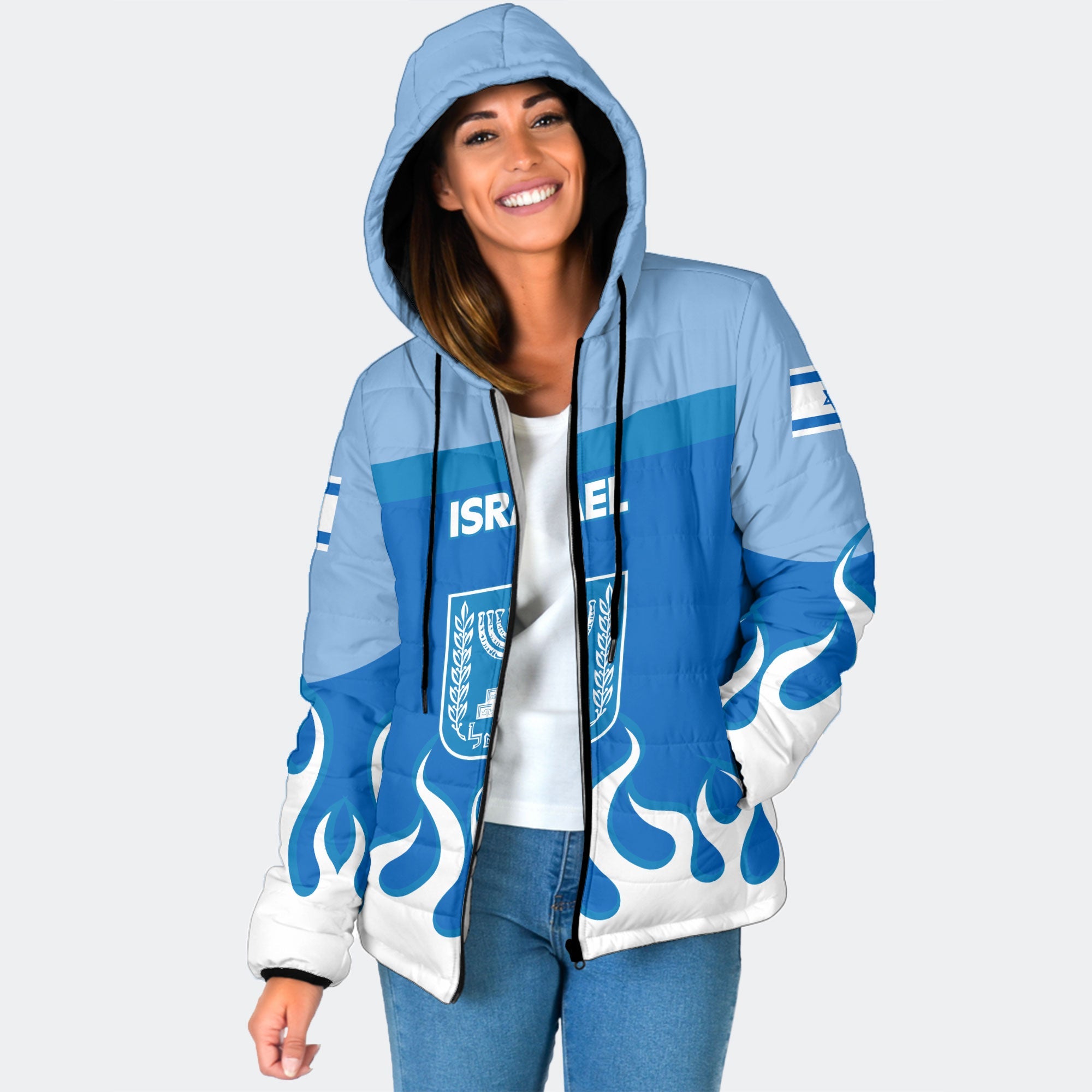 Israel Women Hooded Padded Jacket Flag & Coat Of Arms Fire Hockey Style