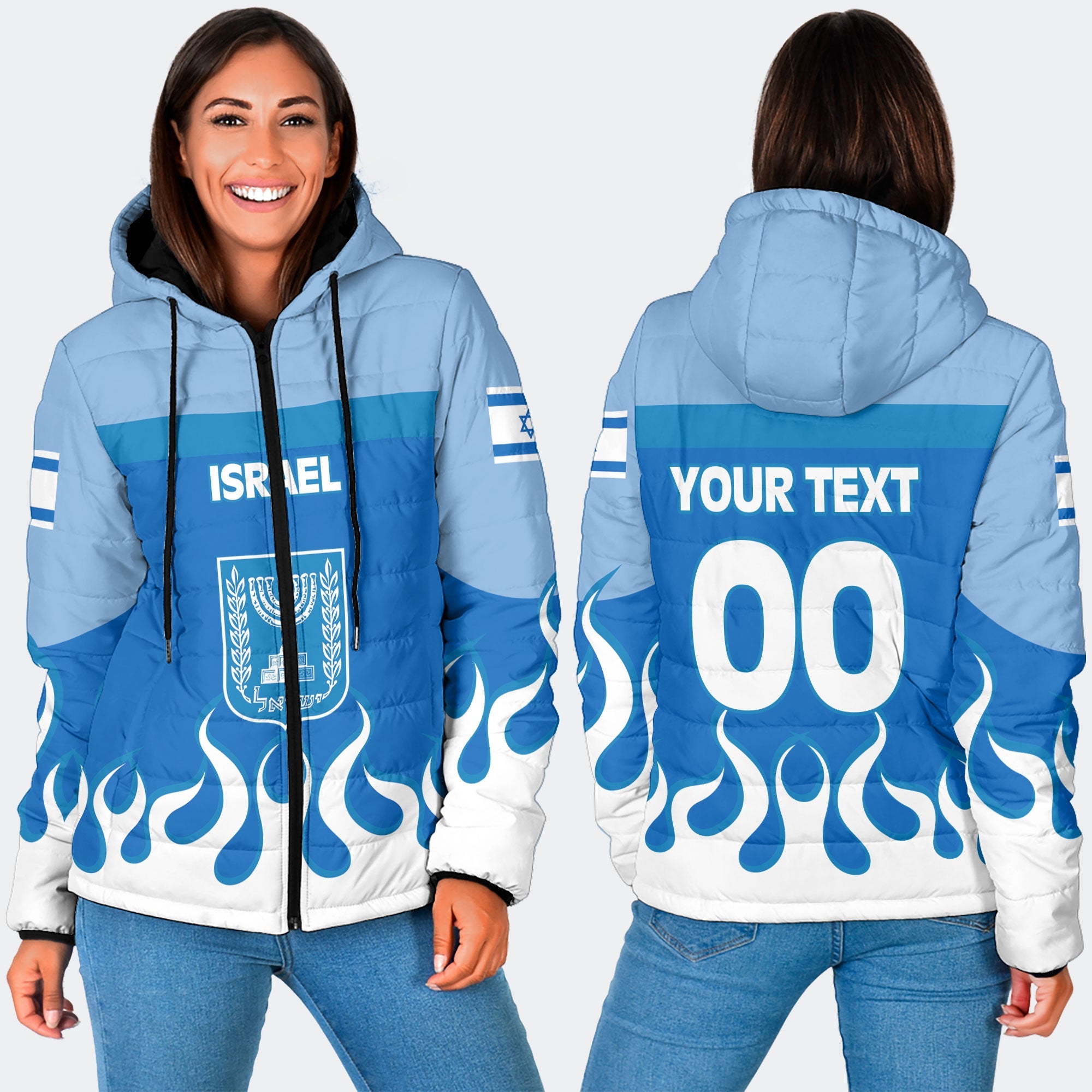 Israel Women Hooded Padded Jacket Flag & Coat Of Arms Fire Hockey Style