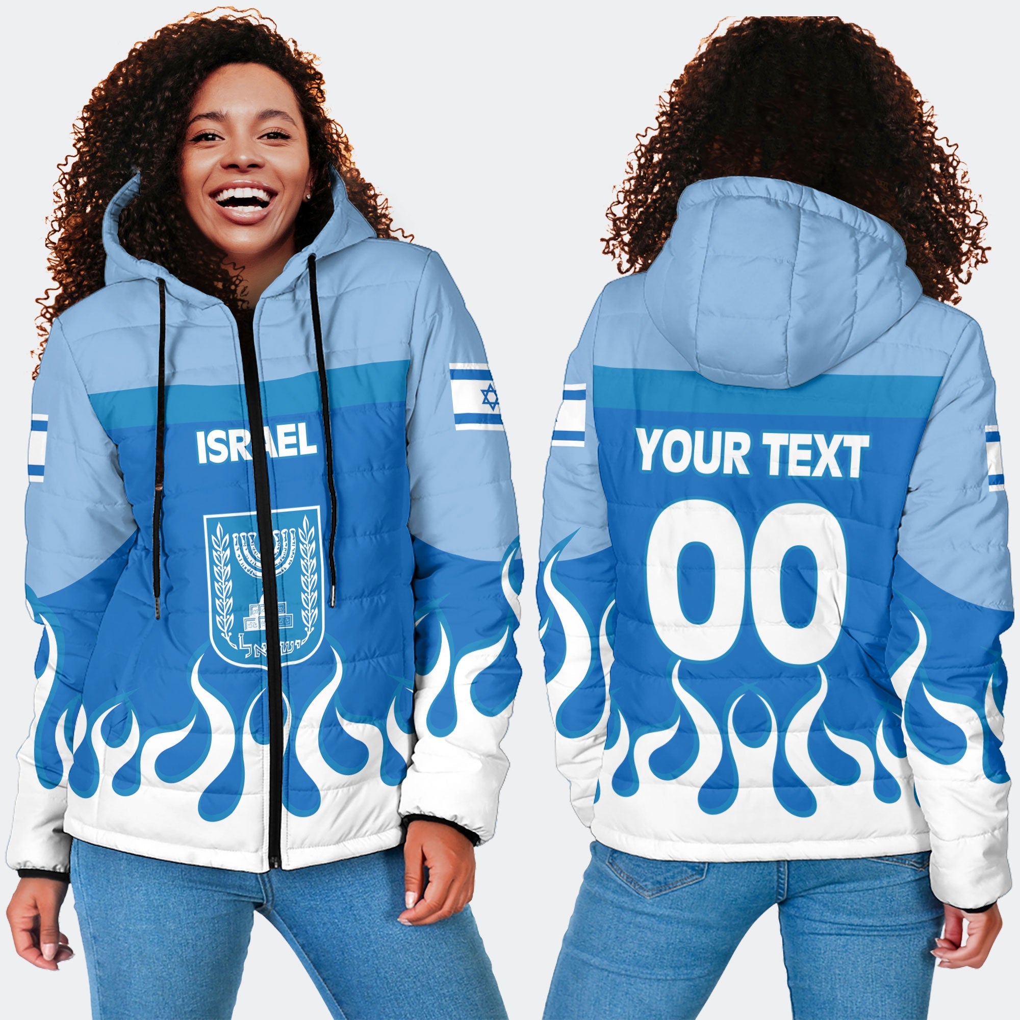 Israel Women Hooded Padded Jacket Flag & Coat Of Arms Fire Hockey Style