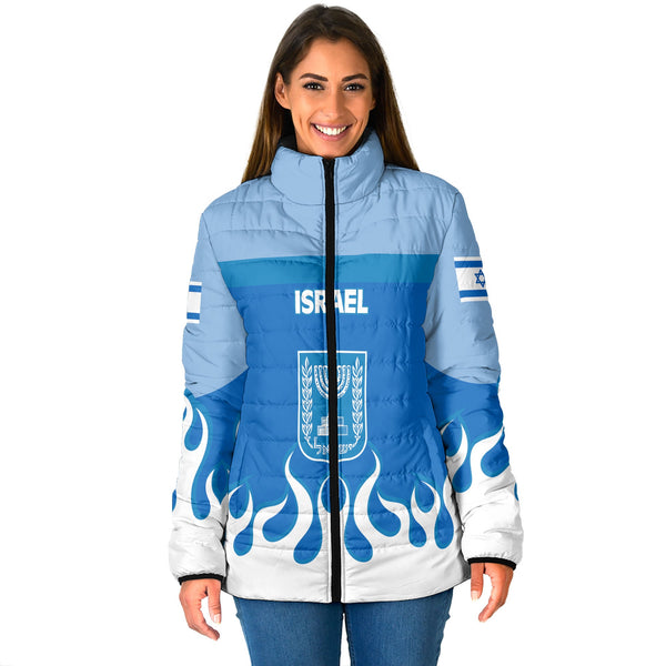 Israel Women Padded Jacket Flag & Coat Of Arms Fire Hockey Style