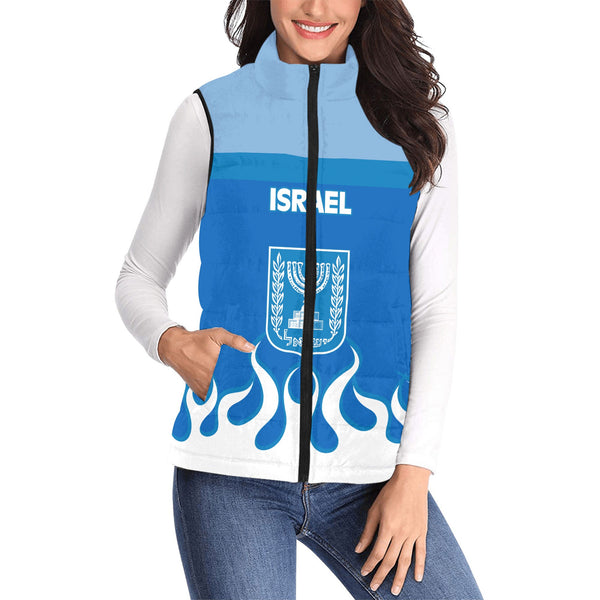 Israel Women Padded Jacket Vest Flag & Coat Of Arms Fire Hockey Style