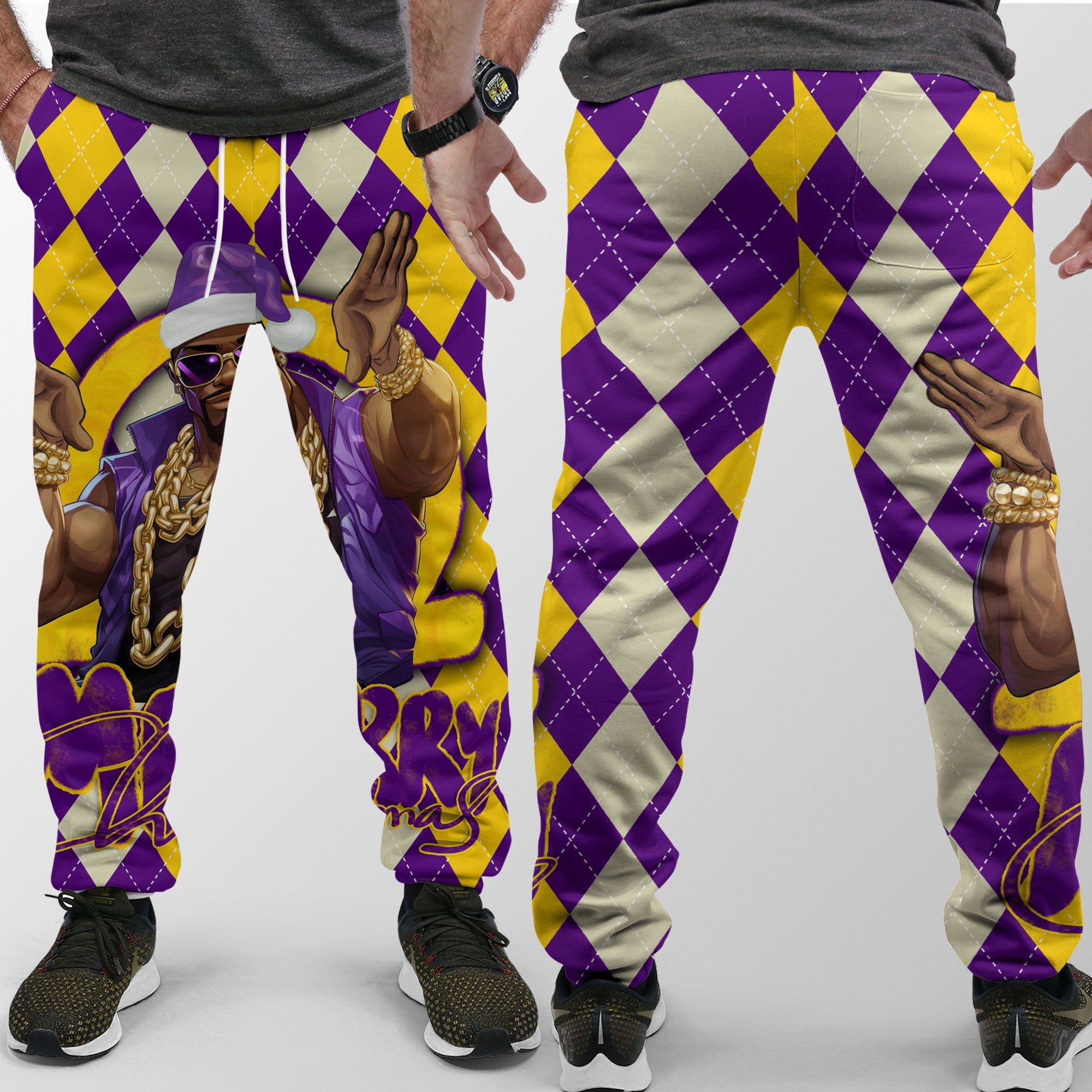 Fraternity Pant - OPP Christmas Jogger Pant Bulldog Purple Gold Caro Pattern Style