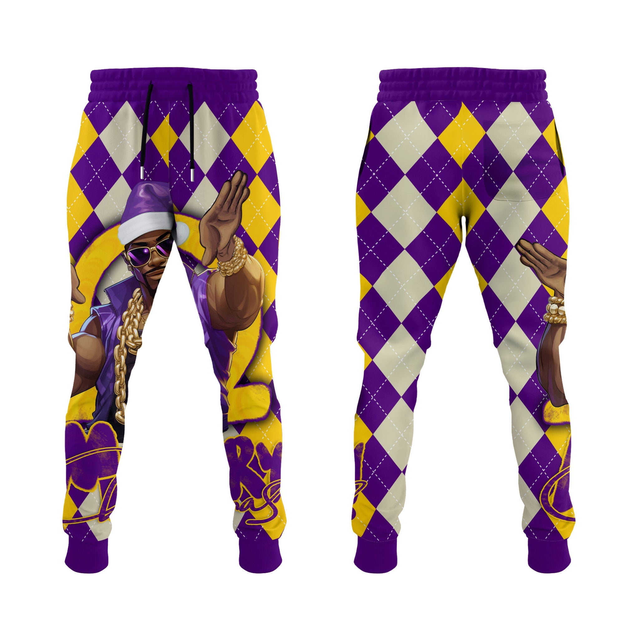 Fraternity Pant - OPP Christmas Jogger Pant Bulldog Purple Gold Caro Pattern Style