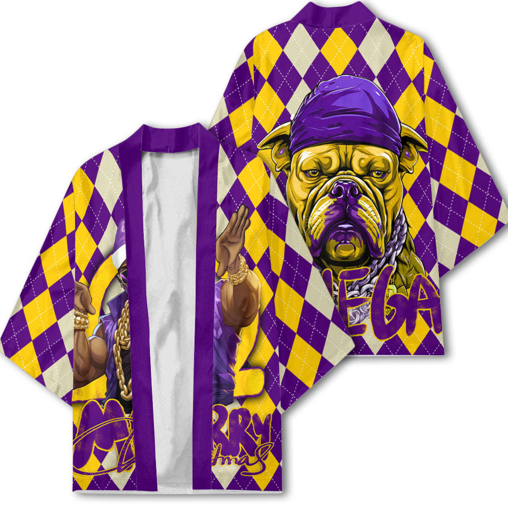 Fraternity Kimono - OPP Christmas Kimono Bulldog Purple Gold Caro Pattern Style