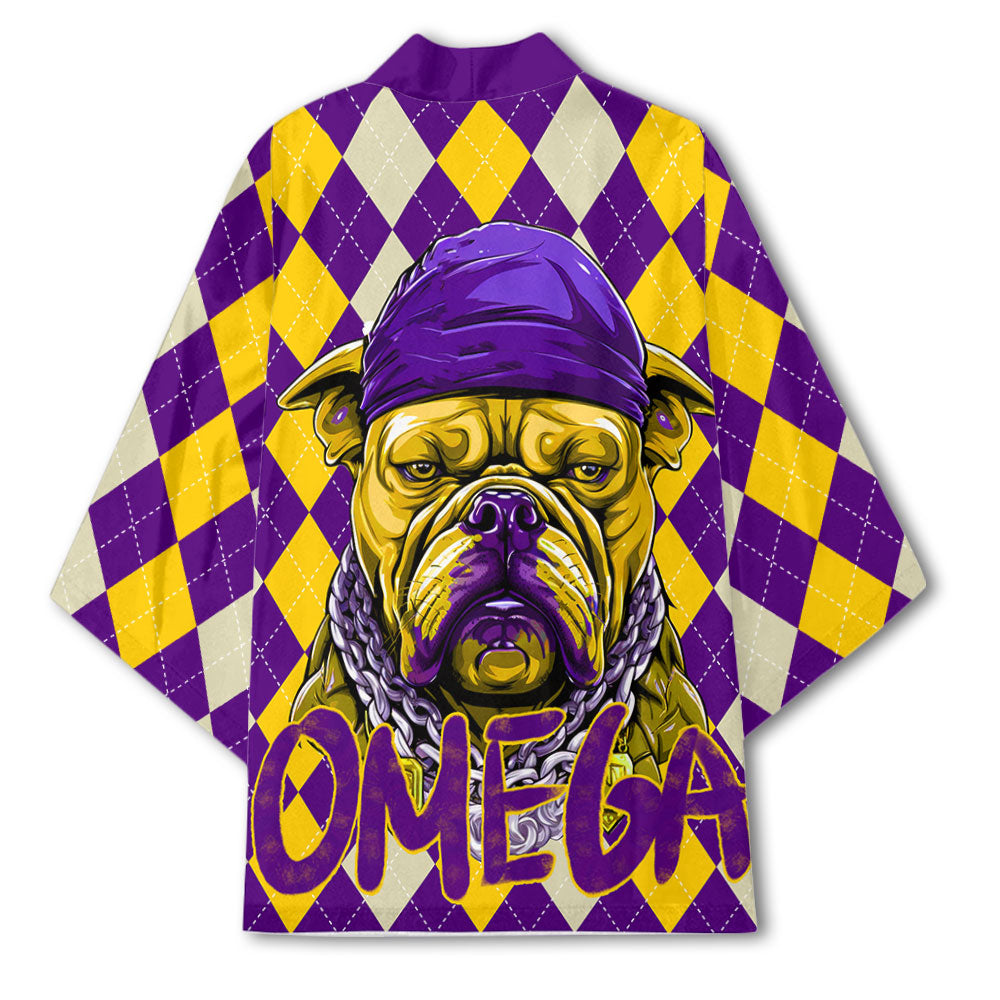 Fraternity Kimono - OPP Christmas Kimono Bulldog Purple Gold Caro Pattern Style