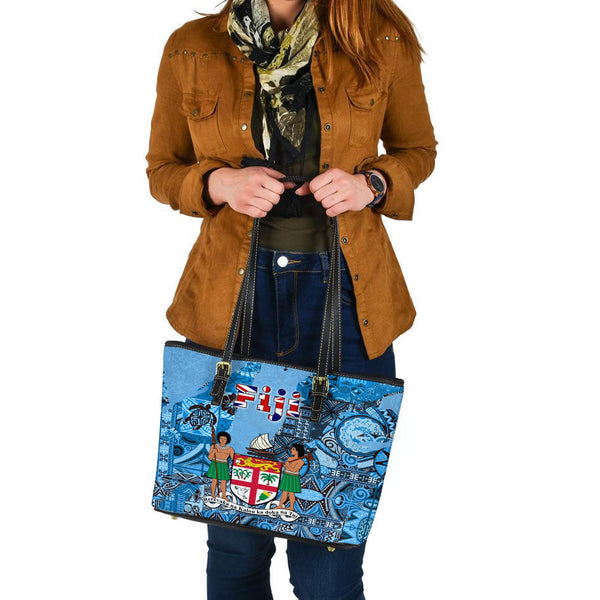 Fiji Flag & Coat Of Arms Leather Tote Bag