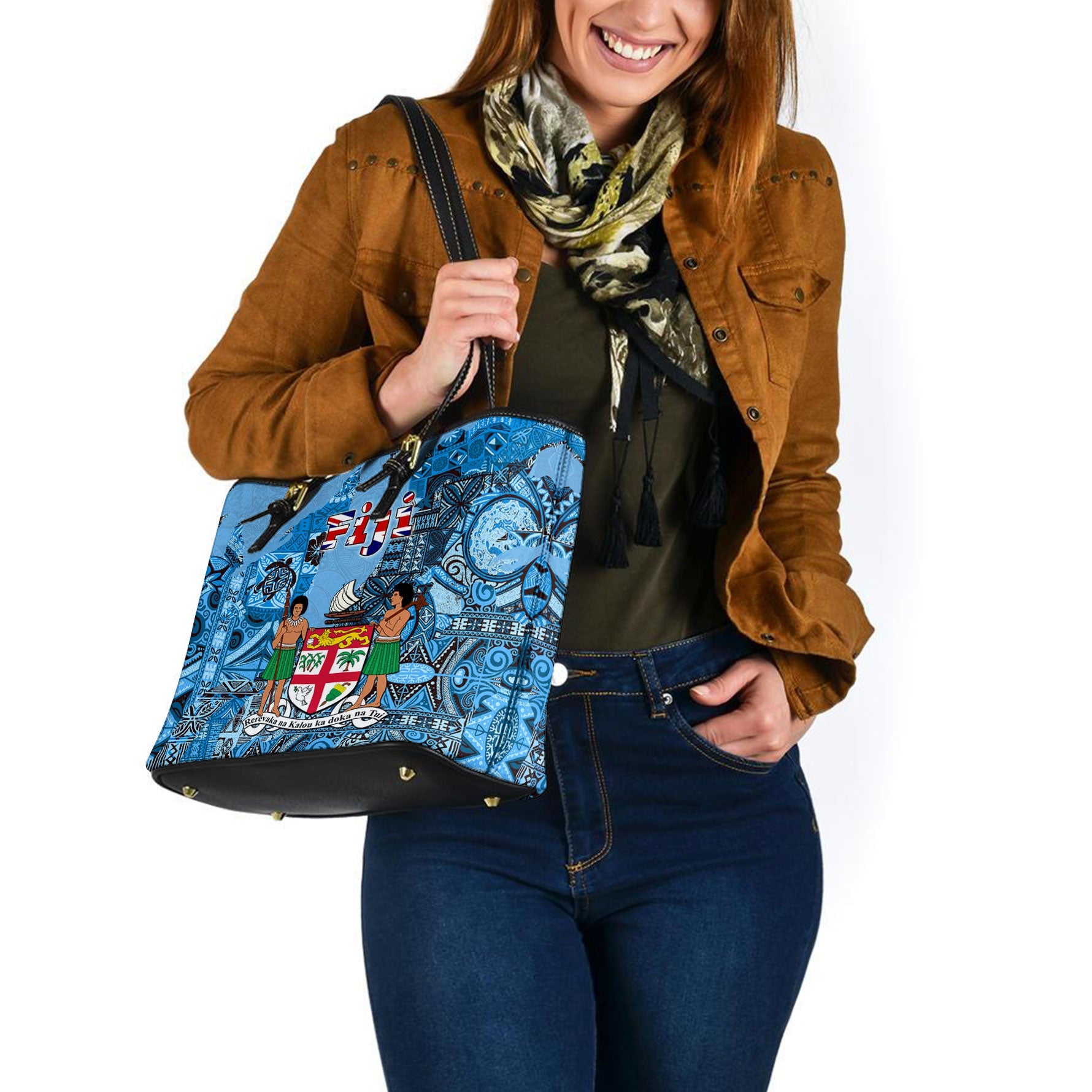 Fiji Flag & Coat Of Arms Leather Tote Bag