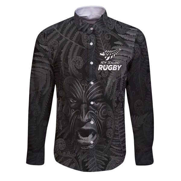 Custom New Zealand Rugby Long Sleeve Button Shirt Silver Fern & Maori Warrior Style