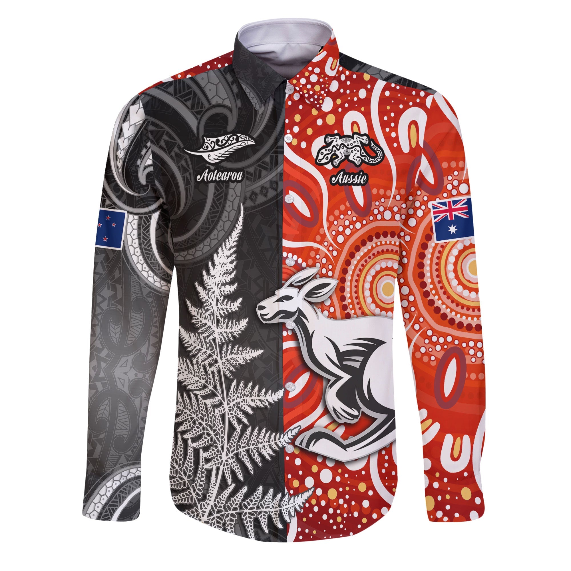 Custom New Zealand Rugby Long Sleeve Button Shirt Aotearoa Silver Fern & Aussie Kangaroo Maori & Aboriginal - LH1