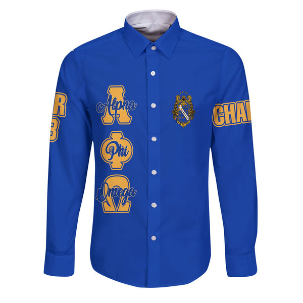 Fraternity Shirt - Personalized Alpha Phi Omega Long Sleeve Button Shirt Original Blue Style