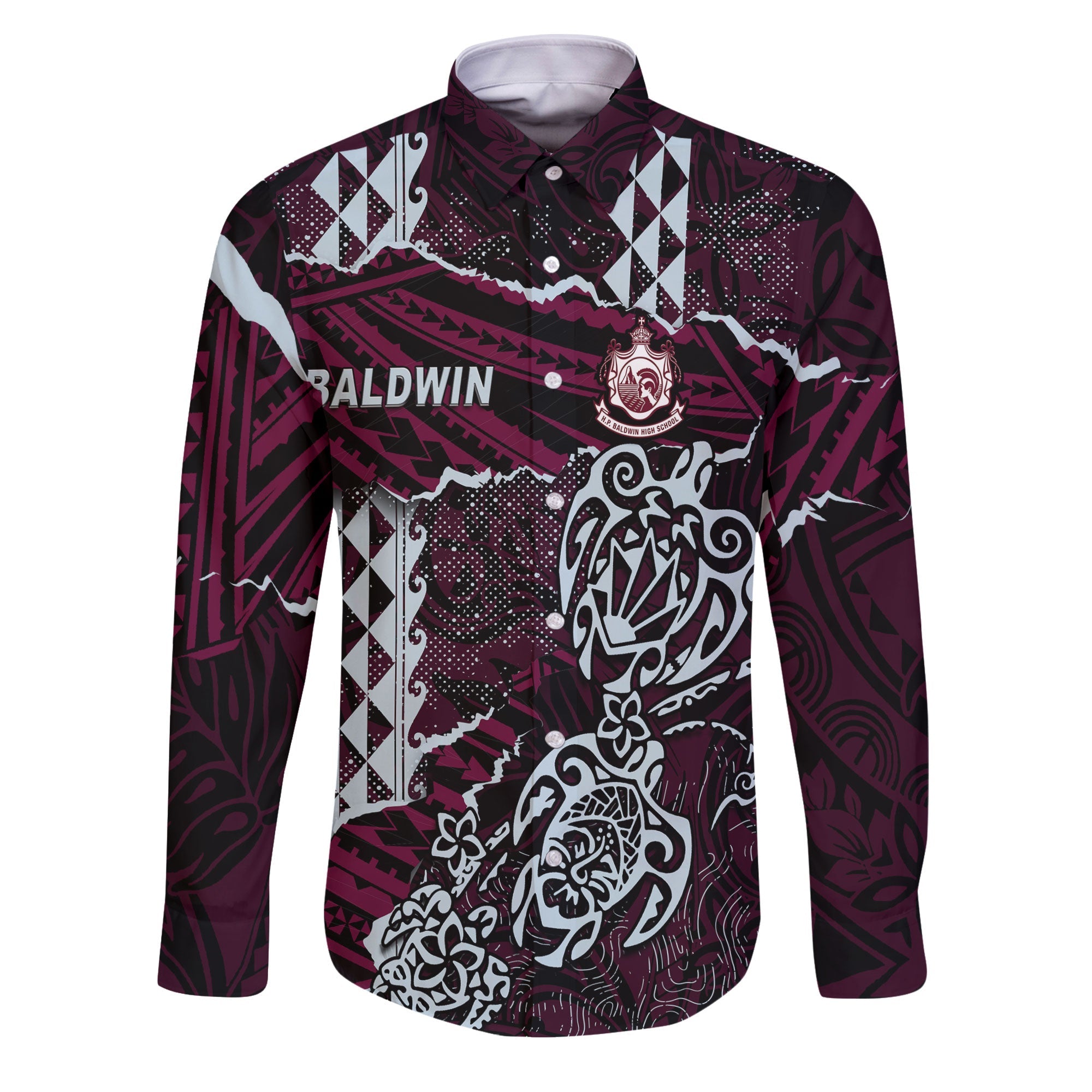 Hawaii Baldwin High School Custom Long Sleeve Button Shirt Polynesian Turtle Style