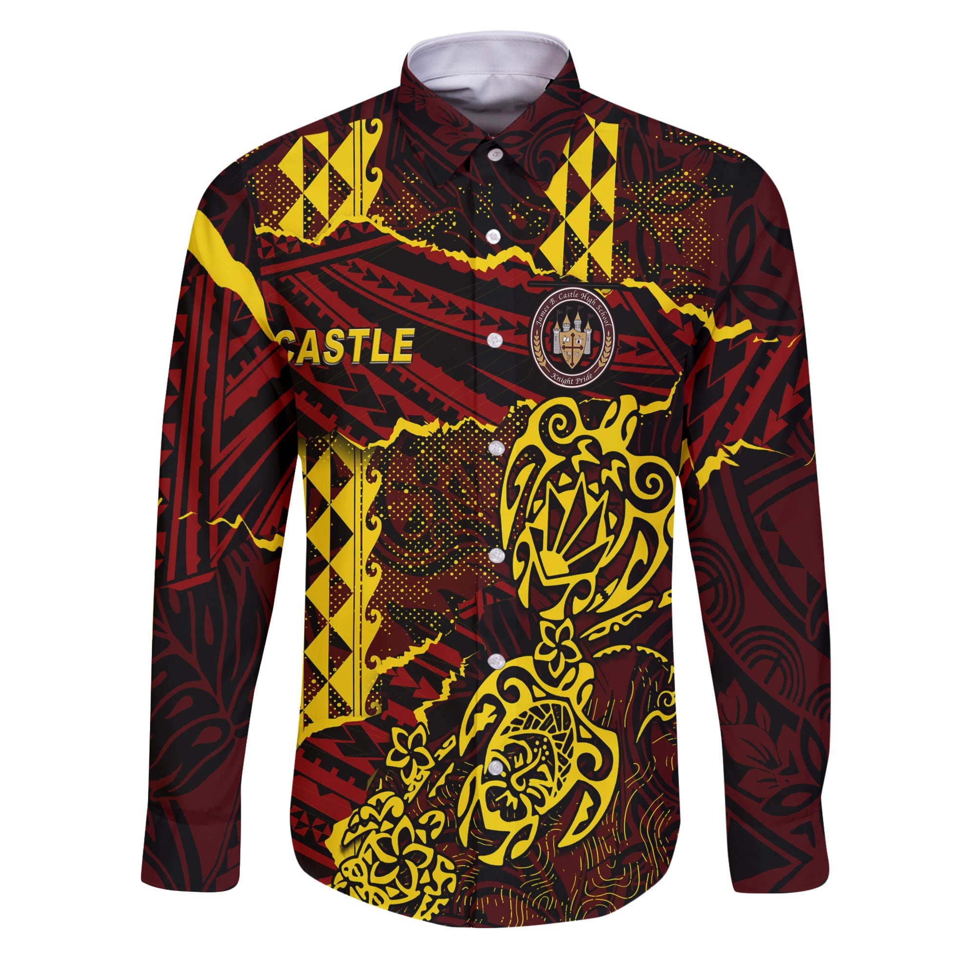 Hawaii Castle High School Custom Long Sleeve Button Shirt Polynesian Turtle Style