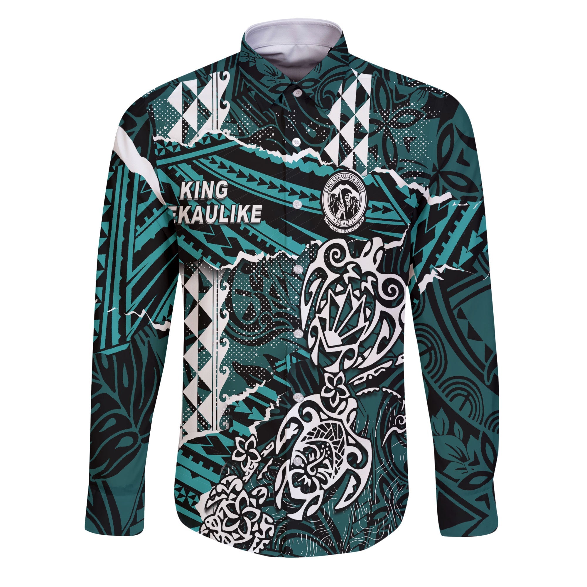 Hawaii King Kekaulike High School Custom Long Sleeve Button Shirt Polynesian Turtle Style