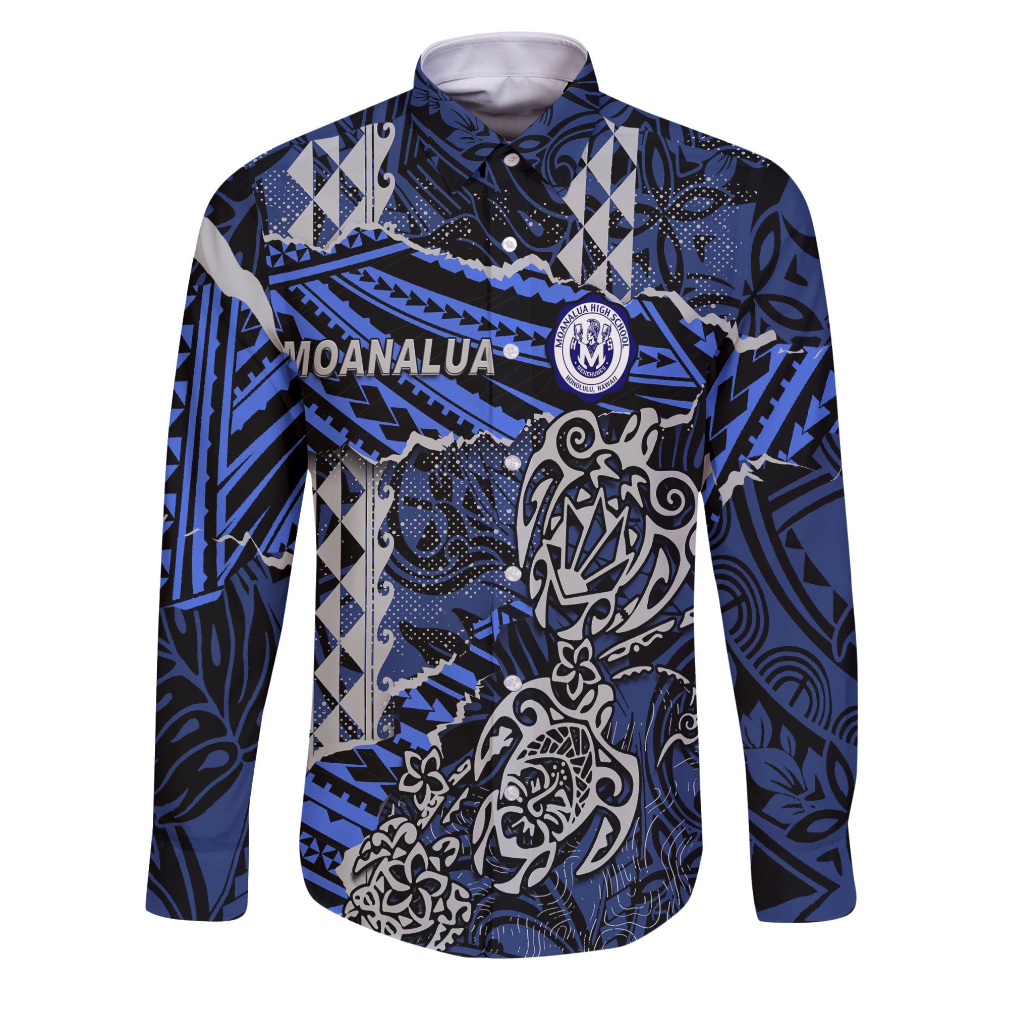 Hawaii Moanalua High School Custom Long Sleeve Button Shirt Polynesian Turtle Style